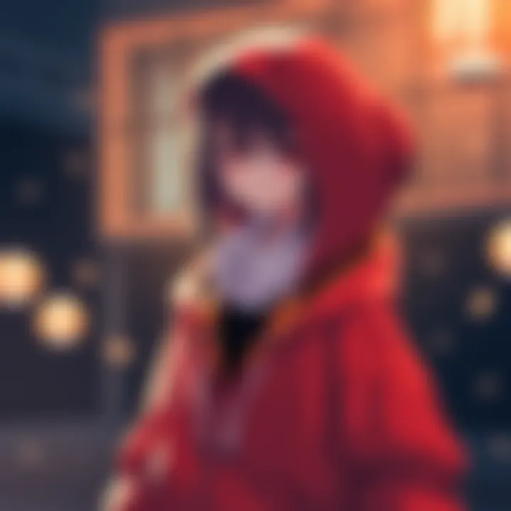 A character wearing a red hoodie and casual attire, surrounded by anime-themed elements.