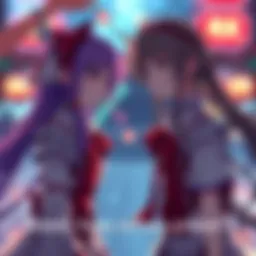 Reimu and Suika Ibuki confronting each other, with tense expressions in a vibrant scene