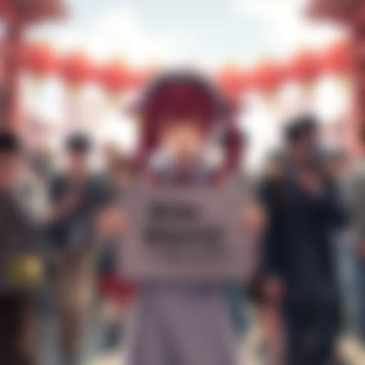 Reimu stands with a confident expression, holding a sign asking for wealth support, surrounded by curious onlookers.