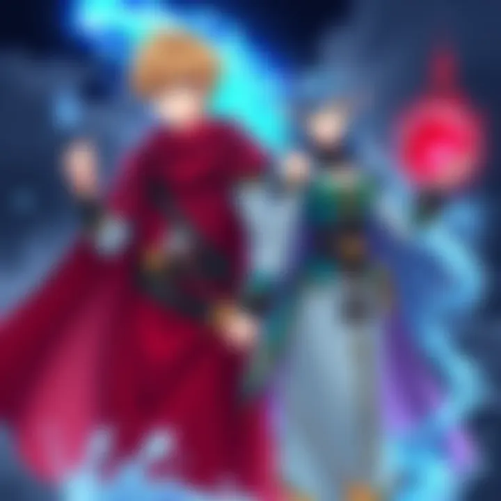 A reincarnated hero struggling with trauma stands with his blue-haired elf maid who uses water magic. They are ready to face a conflict together.