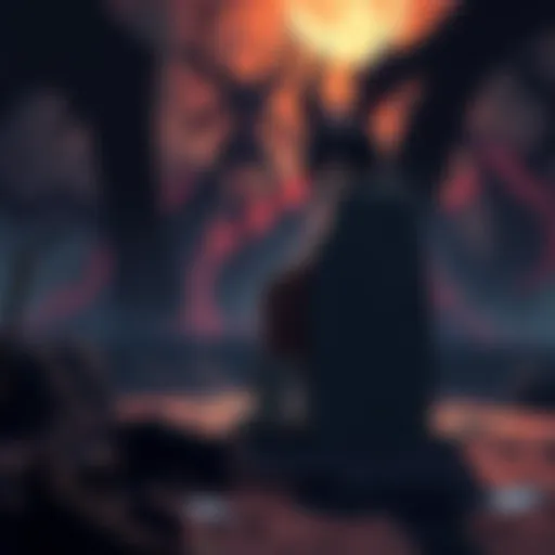 Reisen sitting on a darkened battlefield, his expression filled with fear and memories of the Lunarian Wars, shadows looming around him.