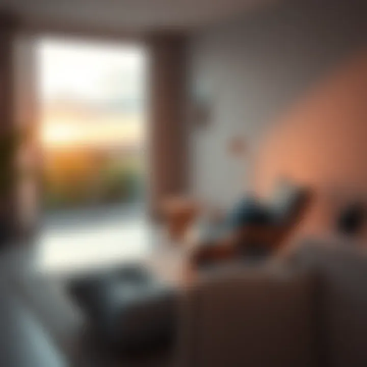 A calm scene featuring a cozy space with soft lighting, a comfortable chair, and a peaceful view outside, promoting relaxation and reflection.