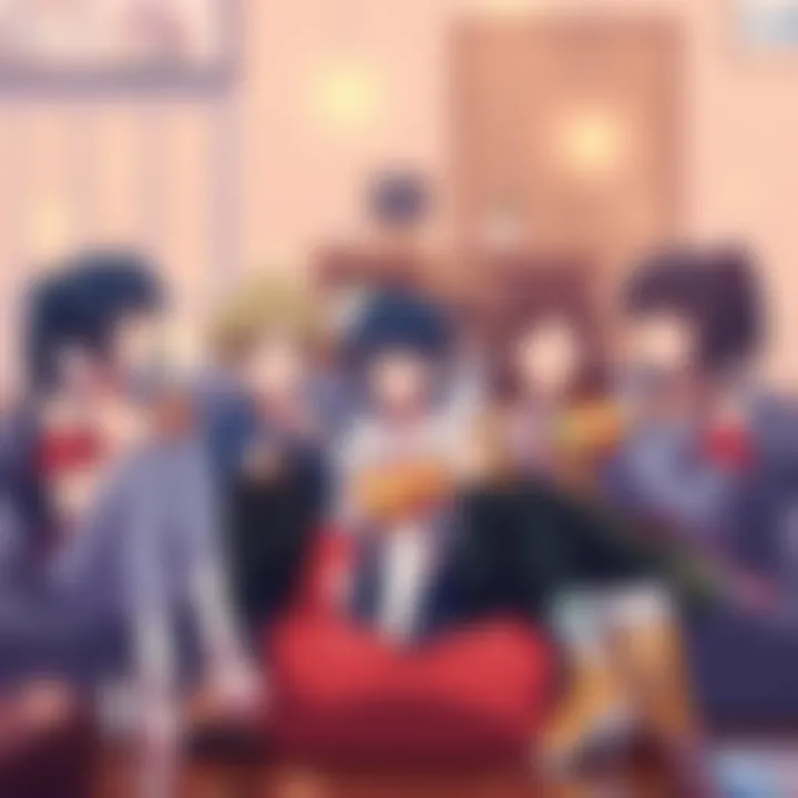 A group of cheerful anime characters sitting together, enjoying snacks and discussing their favorite shows, conveying a light-hearted atmosphere