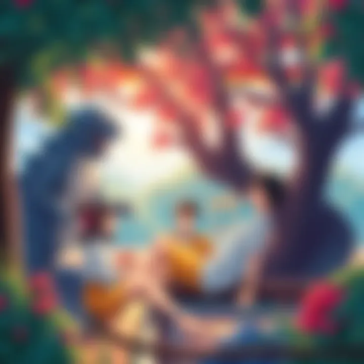 A vibrant and lively setting from Kaiju No. 8, featuring characters enjoying a peaceful moment in nature.