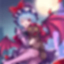 Remilia from Touhou manga playfully interacts with her pet chupacabra in a lively setting.