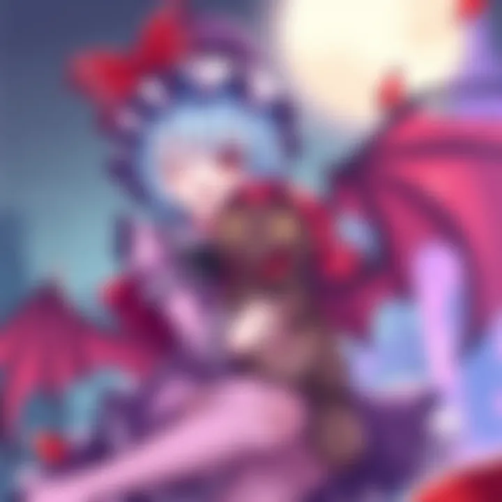 Remilia from Touhou manga playfully interacts with her pet chupacabra in a lively setting.