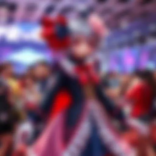 A cosplayer dressed as Remilia, showcasing a detailed outfit with elegant red and blue colors, surrounded by amazed fans at a lively event.