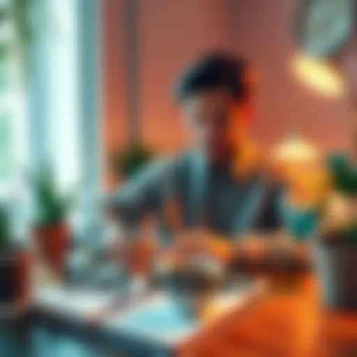 A person organizing a planner while surrounded by plants and a cup of coffee, representing focus on important tasks and relationships.