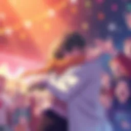 RenMerry hug moment Two characters embracing in a warm hug, surrounded by joyful fans