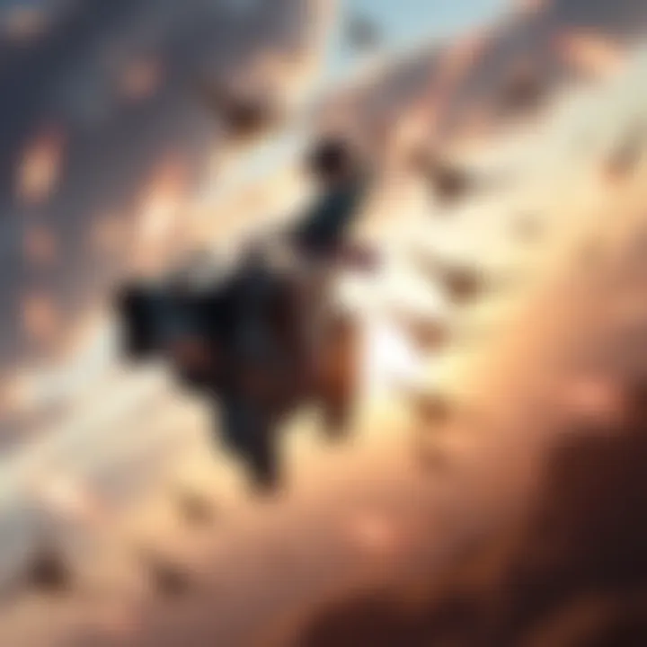 Renton in Action Renton, the main character, is seen performing a daring movement while flying on his mech, showcasing intense action in Eureka Seven.