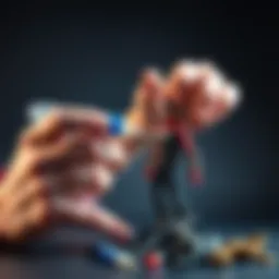 A person applying super glue to the neck of a broken collectible figure to reattach the head