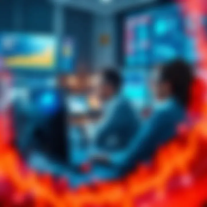 A group of researchers analyzing data on computers with charts and graphs displayed on screens