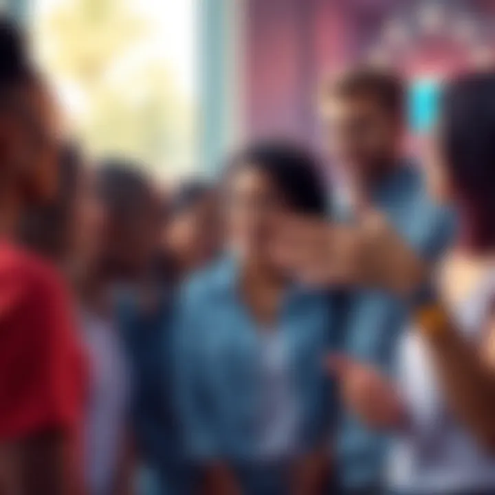 A group of people chatting happily, one person looks uncomfortable while another gestures away from a topic, showing the importance of respecting personal boundaries.