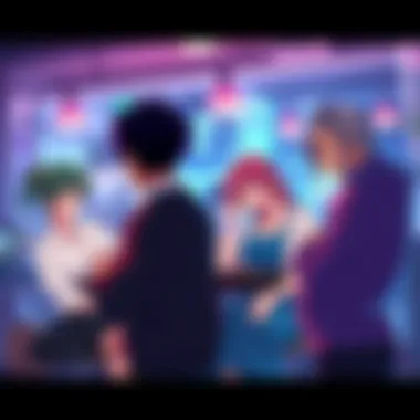 A group of retro anime characters with stylish hair, vibrant colors, and a mature aesthetic discussing deep topics in a lively setting.