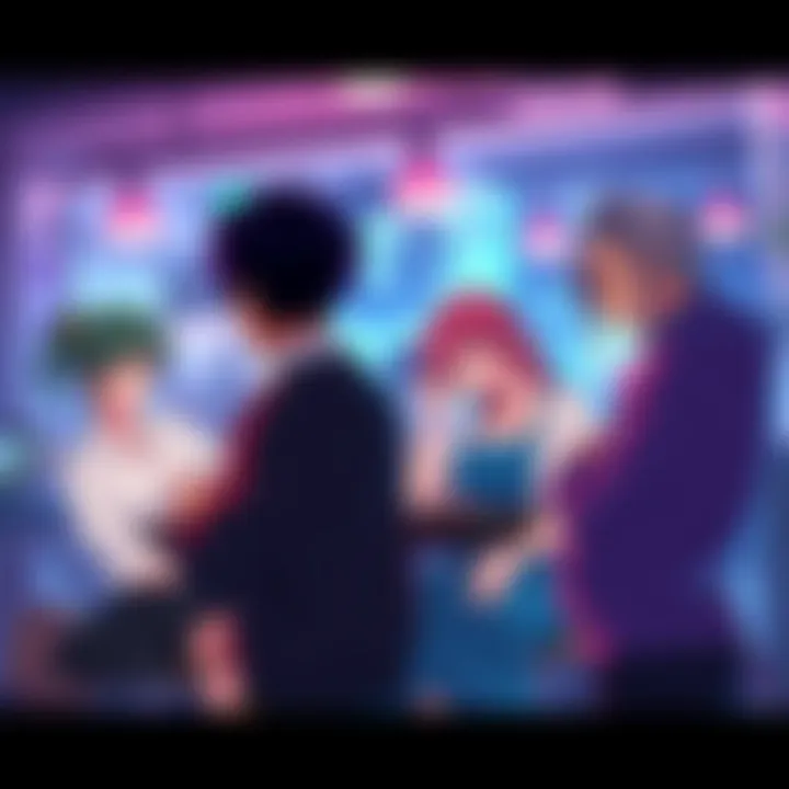 A group of retro anime characters with stylish hair, vibrant colors, and a mature aesthetic discussing deep topics in a lively setting.