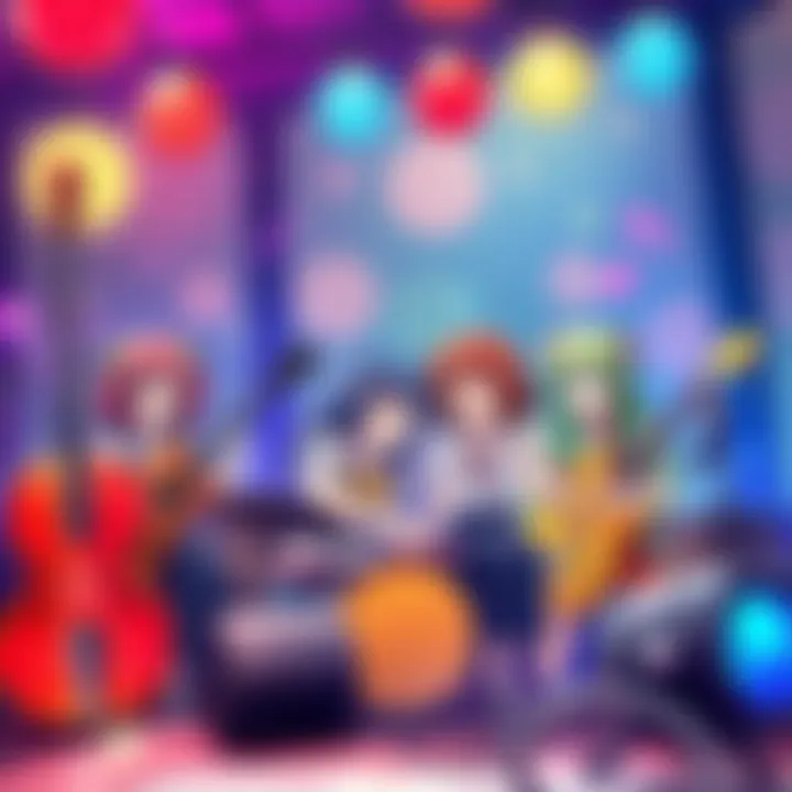 A colorful scene featuring retro anime characters playing various musical instruments, representing the unique music styles of 80s and 90s anime.