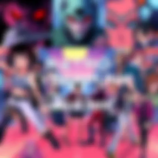 A vibrant collage of retro cyberpunk anime characters and scenes from the 80s and 90s, showcasing various styles and themes typical of the genre.