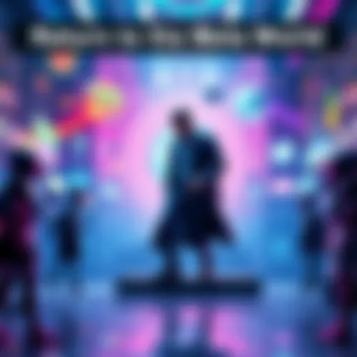 A digital scene showing a key figure stepping into a vibrant virtual world filled with avatars and digital landscapes