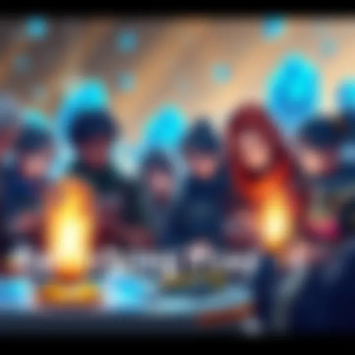 Group of returning players looking at game upgrades and discussing the Awakening Equipment Event with blue stones in the background