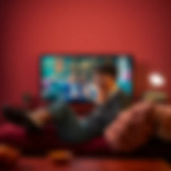 Rewatching a TV show A person sitting on a couch, watching a TV show with a surprised expression, with snacks nearby