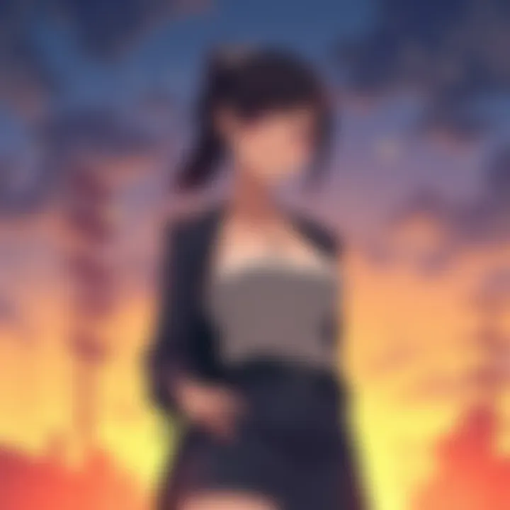 Reze character illustration An illustration of Reze standing confidently, showcasing her unique features and distinct style, with a backdrop hinting at her complex relationships in the series.