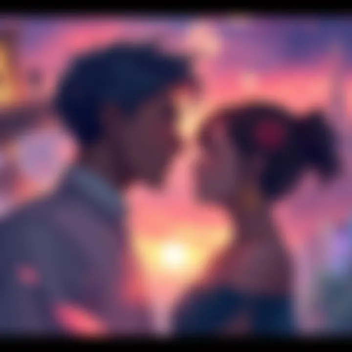 Reze and Denji share an emotional moment, illustrating their deep connection amidst a backdrop of vibrant scenes from their journey.