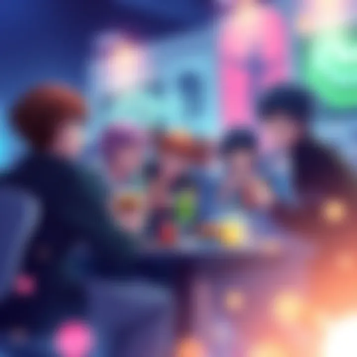 A group of fans chatting about Re:Zero Season 4 Episode 8 with excitement, some holding snacks and drinks, lively discussion taking place.
