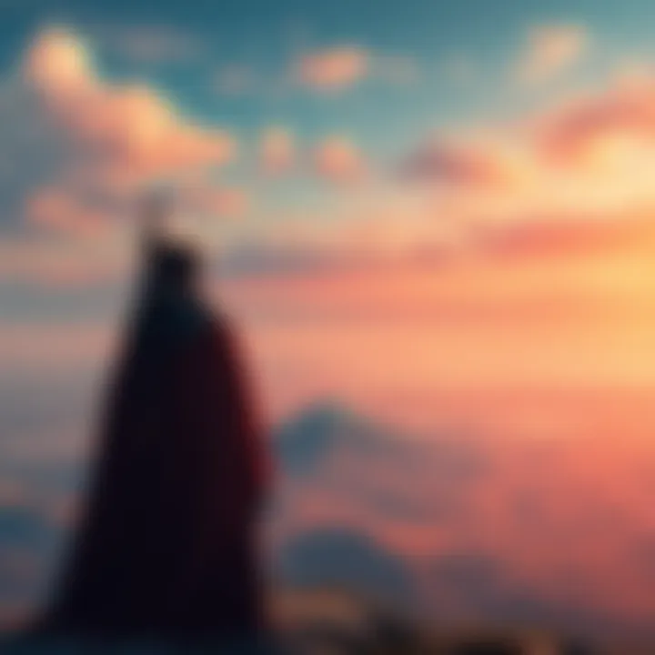 Riboku stands on a hilltop, looking out over a sprawling land with distant mountains, imagining his future kingdom.