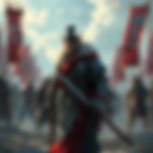 Riboku standing on a battlefield, deep in thought about his next moves, with warriors and banners in the background.