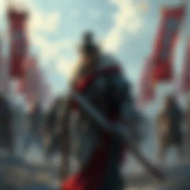 Riboku strategizing Riboku standing on a battlefield, deep in thought about his next moves, with warriors and banners in the background.