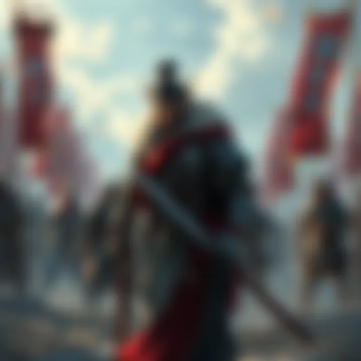 Riboku strategizing Riboku standing on a battlefield, deep in thought about his next moves, with warriors and banners in the background.
