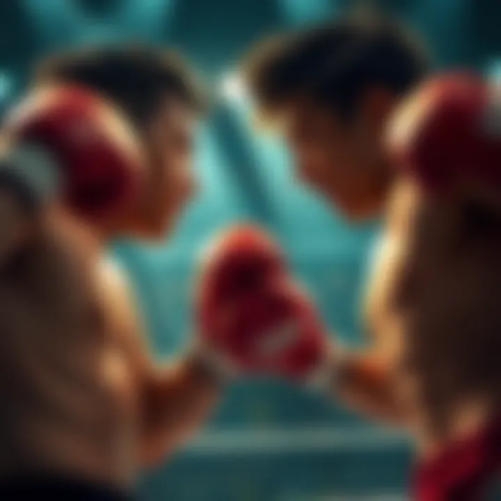 Ricardo and Ippo face off in a boxing ring, showcasing tension and rivalry as fans cheer in the background.