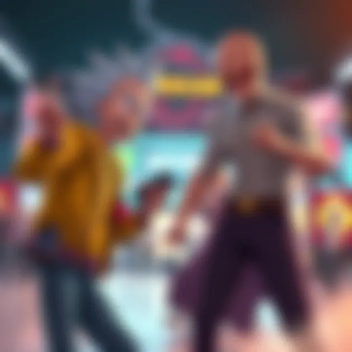 Rick Sanchez and Saitama Face Off Rick Sanchez uses gadgets while Saitama stands confidently in a fighting stance, ready for battle.