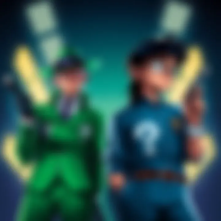 The Riddler stands confidently, wearing his green suit and question mark motifs, facing Detective Conan who is in his signature blue jacket and glasses, both in a dramatic pose.
