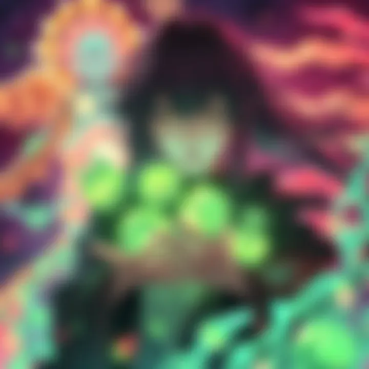 Rika surrounded by glowing cursed spirit parts, contemplating their power for Yuta's techniques