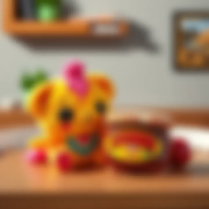 A colorful plushie designed like Rimi Star's character next to a Vegemite sandwich on a table