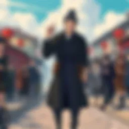 Rin Shirogane stands confidently as he returns to Ginzame after prison, with a determined look, surrounded by curious townsfolk.