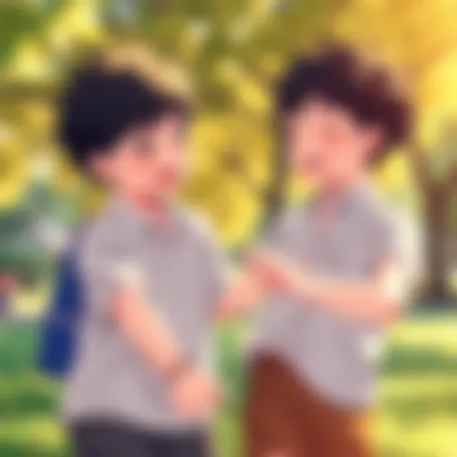 Two young boys, Rin and Yukio, share a joyful moment as they play in a sunny park, showcasing their close bond as brothers.