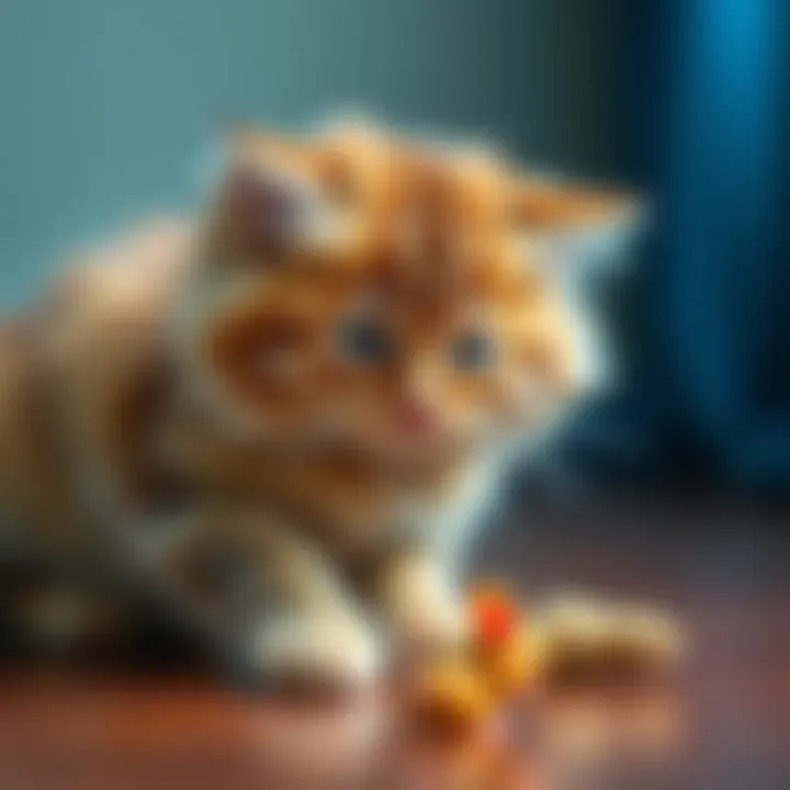 Rin, a charming cat with fluffy fur, playfully pouncing on a toy mouse