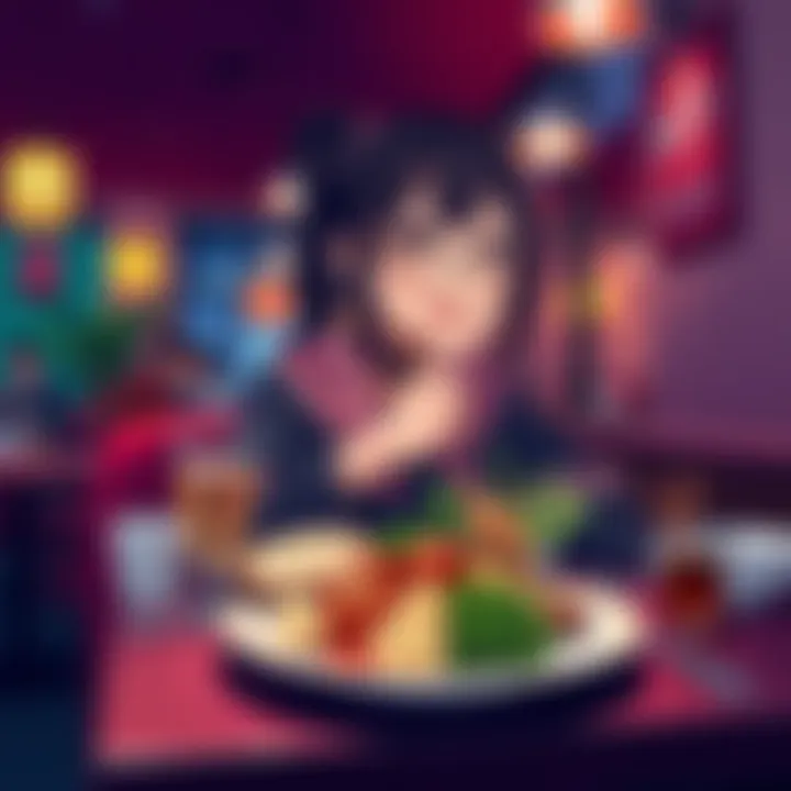 Rin sitting at a table with a plate of food in front, smiling and enjoying the meal at a cozy restaurant.