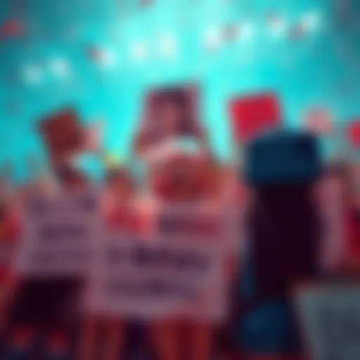 A group of fans expressing anger and celebration over Buntoshi Rin's recent match sale, holding signs and banners