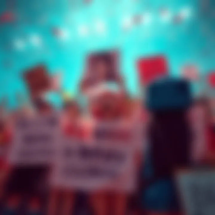 A group of fans expressing anger and celebration over Buntoshi Rin's recent match sale, holding signs and banners