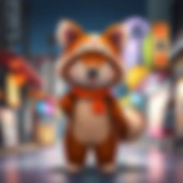 Rindo Chihaya, a character resembling a tanuki, with playful features and a vibrant outfit, standing in a lively setting