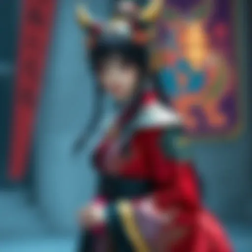 Rinoa Kanzaki in a detailed Tao Fa costume, highlighting intricate designs, vibrant colors, and a striking pose.