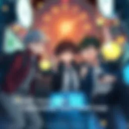 Rintarou Okabe and his friends surrounded by time travel gadgets, looking excited and curious as they send messages to the past