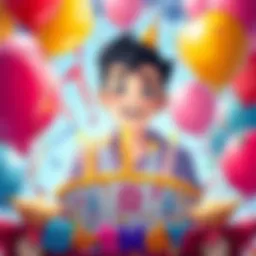 A colorful illustration of Rion surrounded by balloons and birthday decorations, showcasing a joyful birthday celebration.