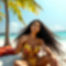 Ririka relaxing on a sunny beach in the Maldives, surrounded by clear blue water and palm trees