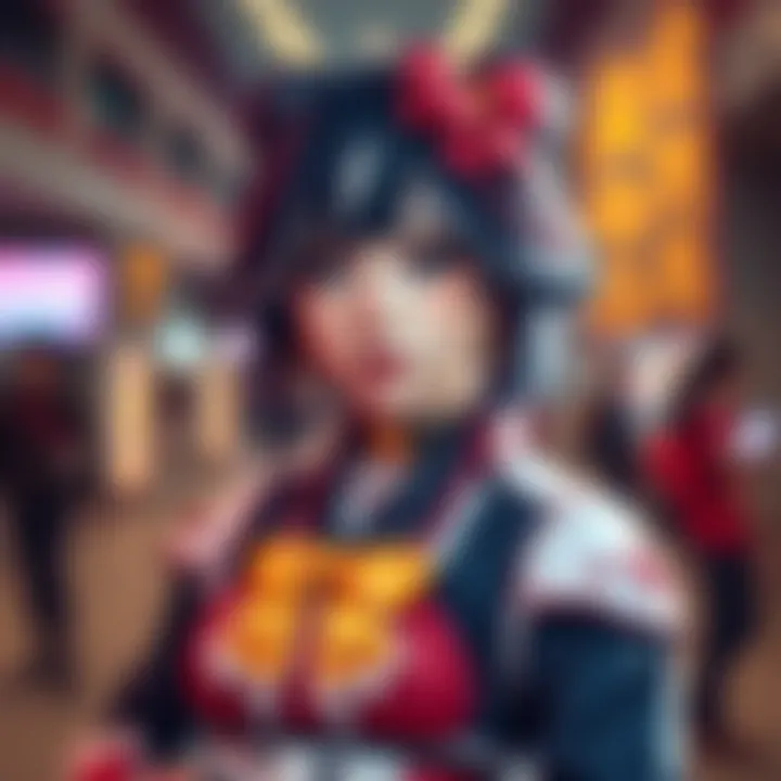 A person dressed as Riruka, showcasing vibrant costume creativity and accessories