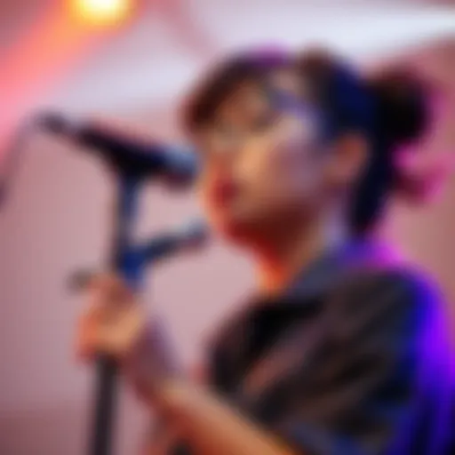 Rissa with a microphone, ready to perform her new cover on stage