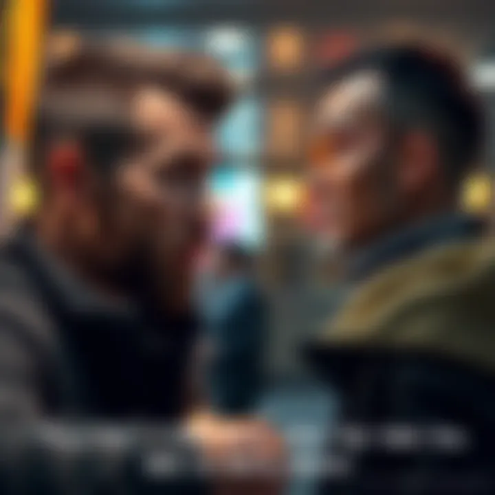 One man appears anxious while the other looks confident, reflecting rivalry in love.